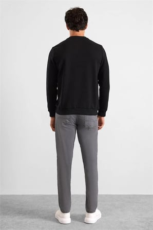 Siyah Regular Düz Baskısız 2 İplik Bisiklet Yaka Cepsiz Ribanalı Sweatshirt