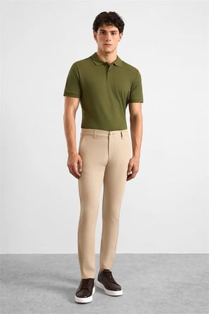 Bej Slim Düz Armürlü Normal Bel Klasik Pantolon