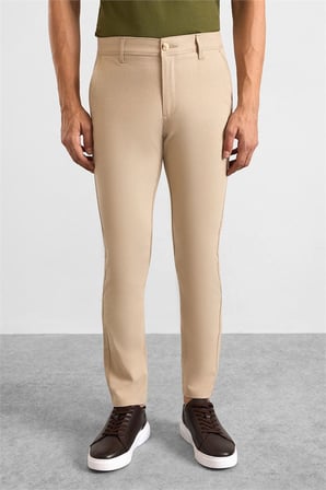 Bej Slim Düz Armürlü Normal Bel Klasik Pantolon