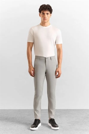 Gri Slim Düz Armürlü Normal Bel Klasik Pantolon