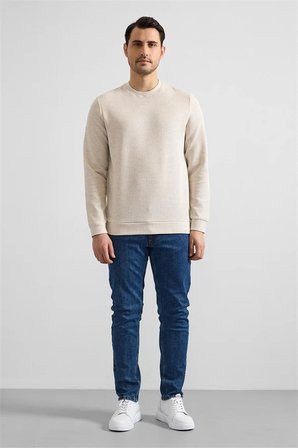 Süvari Erkek Bej Regular Düz Bisiklet Yaka Sweatshirt