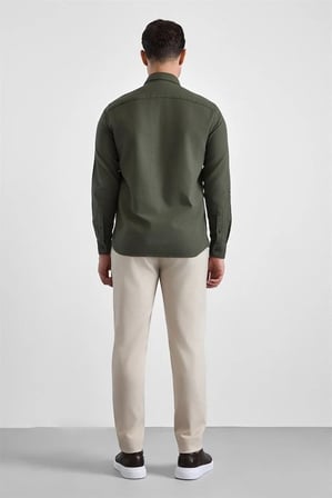 Koyu Yeşil Slim Düğmeli Yaka Düz Casual Gömlek