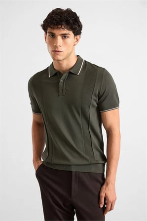 Haki Regular Düz Triko Düğmeli Polo Yaka Kazak