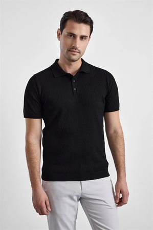 Siyah Regular Düz Devir Düğmeli Polo Yaka Devir Devir Devir Kazak