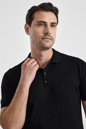 Siyah Regular Düz Devir Düğmeli Polo Yaka Devir Devir Devir Kazak