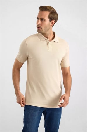 Bej Slim Düz Nakışlı Pike Düğmeli Polo Yaka Tişört