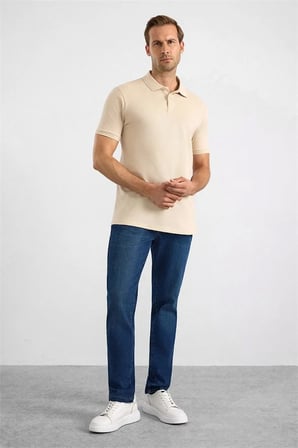 Bej Slim Düz Nakışlı Pike Düğmeli Polo Yaka Tişört