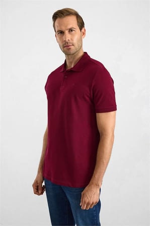 Koyu Bordo Slim Düz Nakışlı Pike Düğmeli Polo Yaka Tişört