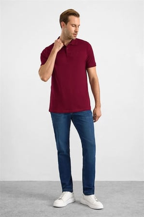 Koyu Bordo Slim Düz Nakışlı Pike Düğmeli Polo Yaka Tişört