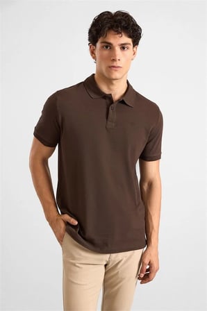 Koyu Kahve Slim Düz Nakışlı Pike Düğmeli Polo Yaka Tişört