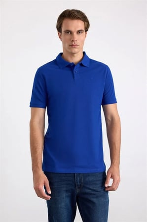 Saks Mavi Slim Düz Nakışlı Pike Düğmeli Polo Yaka Tişört