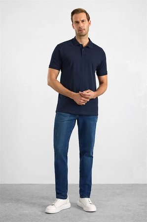 Lacivert Slim Düz Nakışlı Pike Düğmeli Polo Yaka Tişört