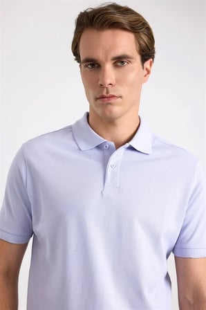 Açık Lila Slim Düz Nakışlı Pike Düğmeli Polo Yaka Tişört