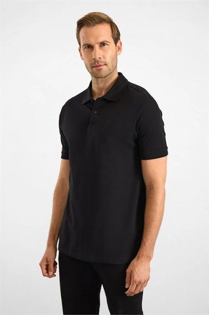Siyah Slim Düz Nakışlı Pike Düğmeli Polo Yaka Tişört