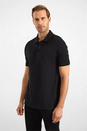 Siyah Slim Düz Nakışlı Pike Düğmeli Polo Yaka Tişört