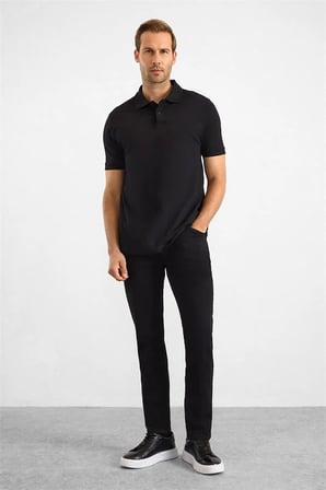 Siyah Slim Düz Nakışlı Pike Düğmeli Polo Yaka Tişört