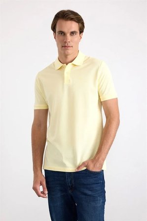 Sarı Slim Düz Nakışlı Pike Düğmeli Polo Yaka Tişört