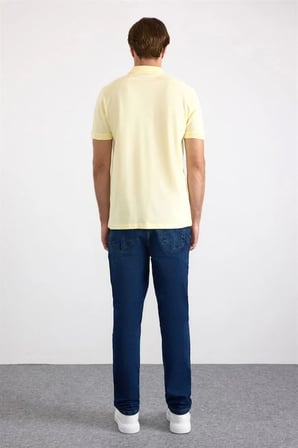Sarı Slim Düz Nakışlı Pike Düğmeli Polo Yaka Tişört