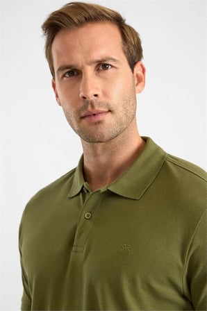Haki Slim Düz Nakışlı Pike Düğmeli Polo Yaka Tişört