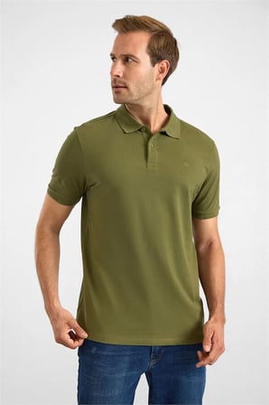 Haki Slim Düz Nakışlı Pike Düğmeli Polo Yaka Tişört