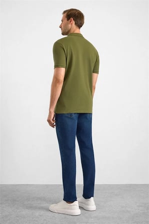 Haki Slim Düz Nakışlı Pike Düğmeli Polo Yaka Tişört