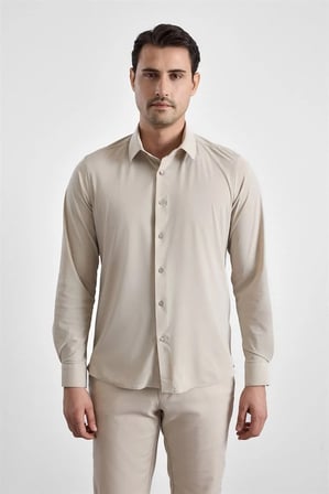 Ekru Slim Klasik Yaka Düz Casual Gömlek