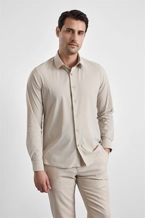 Ekru Slim Klasik Yaka Düz Casual Gömlek