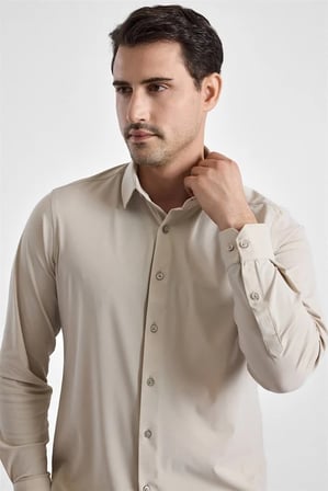 Ekru Slim Klasik Yaka Düz Casual Gömlek