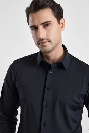 Siyah Slim Klasik Yaka Düz Casual Gömlek