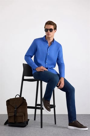 Saks Mavi Regular Klasik Yaka Düz Cepsiz Düğmeli Uzun Kollu Casual Gömlek