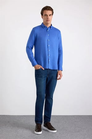Saks Mavi Regular Klasik Yaka Düz Cepsiz Düğmeli Uzun Kollu Casual Gömlek