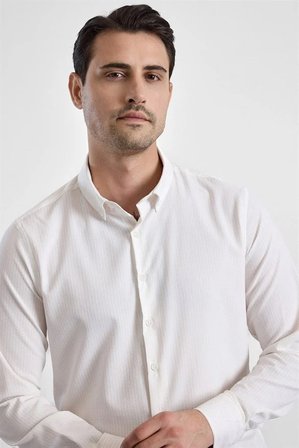 Ekru Slim Düğmeli Yaka Casual Gömlek