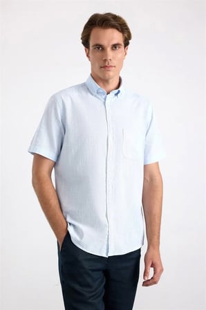 Buz Mavi Regular Düğmeli Yaka Düz İpliği Boyalı Kapaksız Cep Düz Kısa Kollu Casual Gömlek