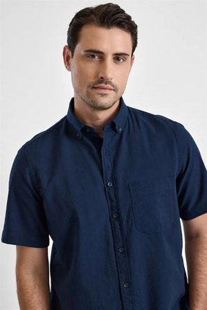 Lacivert Regular Düğmeli Yaka Düz Casual Gömlek