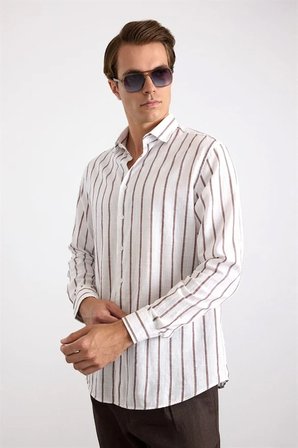 Koyu Bordo Regular Klasik Yaka Dikey Çizgili Armürlü Cepsiz Düğmeli Uzun Kollu Casual Gömlek