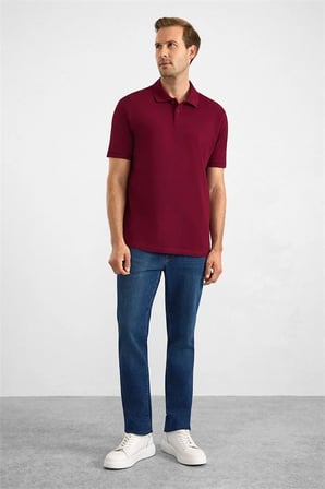 Koyu Bordo Regular Düz Nakışlı Pike Düğmeli Polo Yaka Tişört
