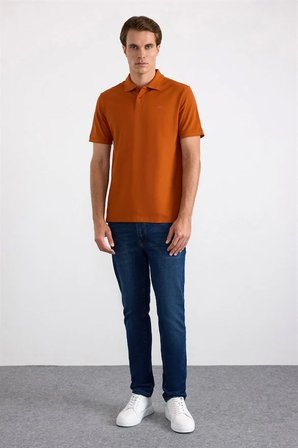 Kiremit Regular Düz Nakışlı Pike Düğmeli Polo Yaka Tişört