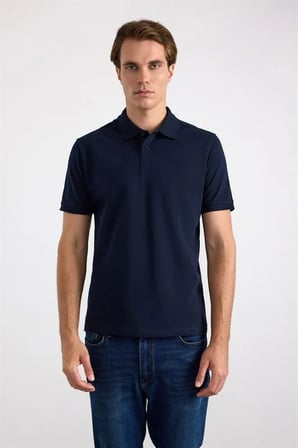 Lacivert Regular Düz Nakışlı Pike Düğmeli Polo Yaka Tişört