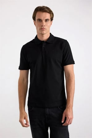 Siyah Regular Düz Nakışlı Pike Düğmeli Polo Yaka Tişört