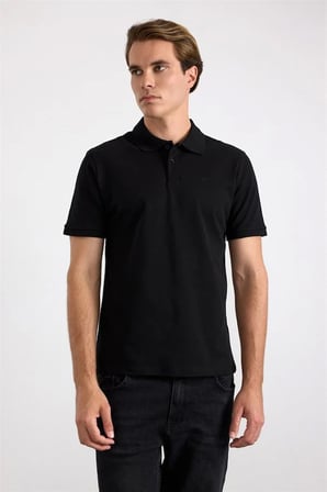 Siyah Regular Düz Nakışlı Pike Düğmeli Polo Yaka Tişört