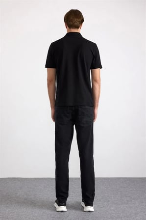 Siyah Regular Düz Nakışlı Pike Düğmeli Polo Yaka Tişört