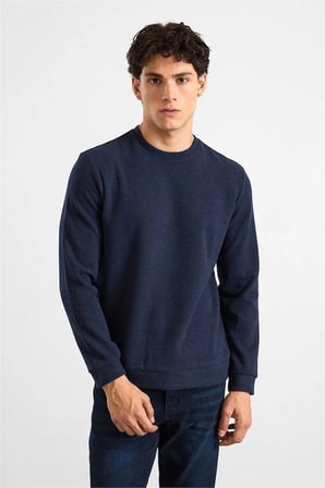 Lacivert Regular Düz Baskısız Selanik Bisiklet Yaka Sweatshirt
