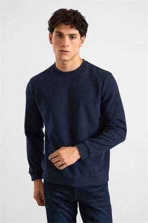 Lacivert Regular Düz Baskısız Selanik Bisiklet Yaka Sweatshirt