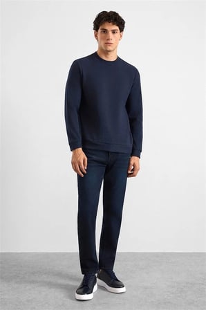 Lacivert Regular Düz Baskısız Selanik Bisiklet Yaka Sweatshirt