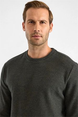 Haki Regular Düz Bisiklet Yaka Sweatshirt