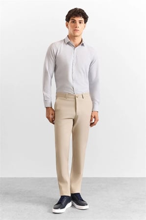 Bej Slim Düz Armürlü Normal Bel Casual Pantolon
