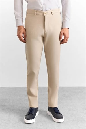 Bej Slim Düz Armürlü Normal Bel Casual Pantolon