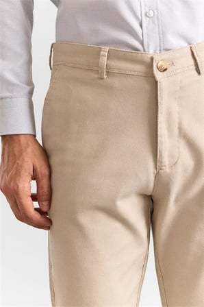 Bej Slim Düz Armürlü Normal Bel Casual Pantolon