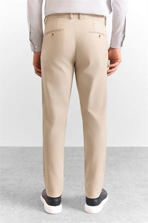 Bej Slim Düz Armürlü Normal Bel Casual Pantolon