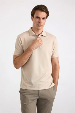Bej Regular Düz Baskısız Pike Polo Yaka Tişört